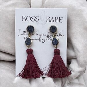 Dangle Earrings Burgundy with Blue Stone Accents